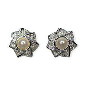 Napier Silver Tone and Faux Pearl Post Earrings
